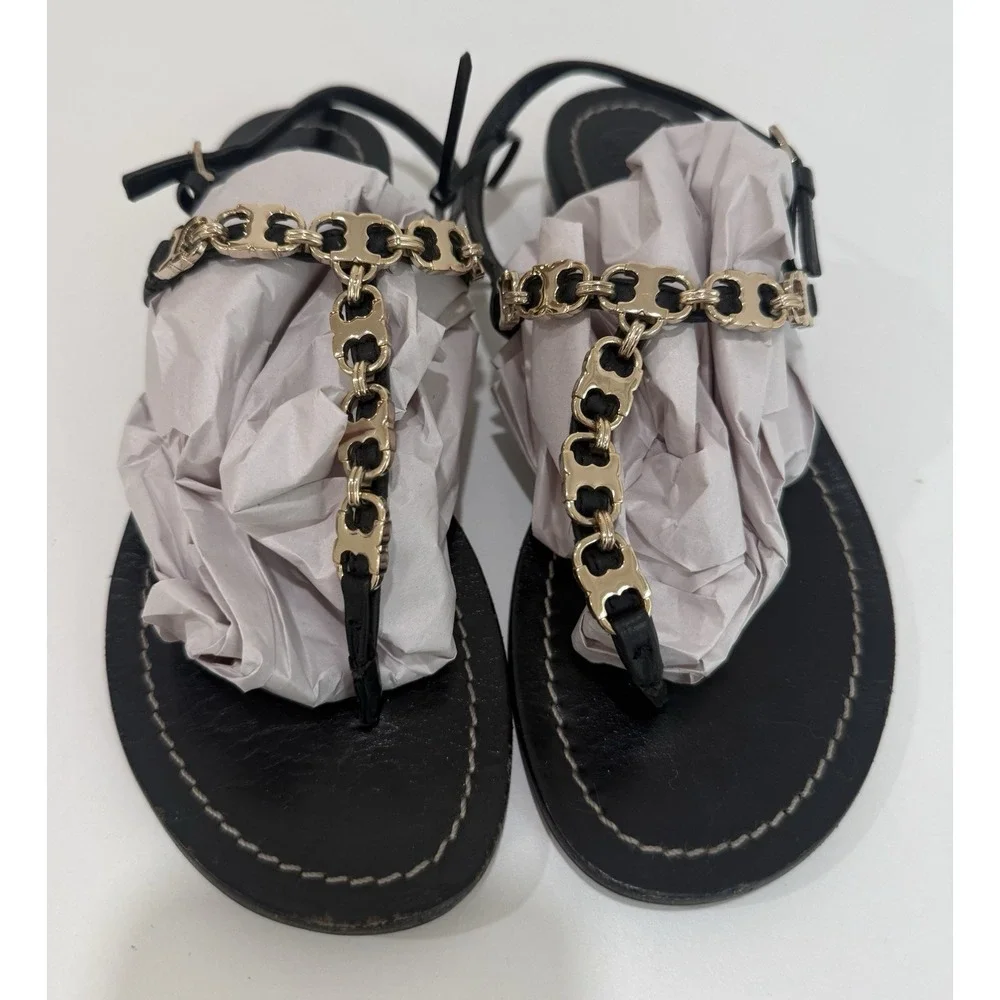 Tory Burch Gemini Black Leather Gold Chain T Link Strap Sandals Size 6.5